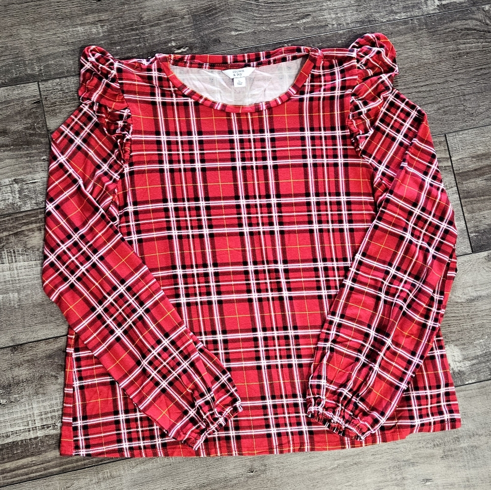 Plaid Vibrant Red Ruffle Long Sleeve Tee Blouse Size Large CROWN & IVY
